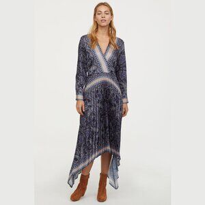H&M Collection Unique Dark Blue Paisley Dress with Pleated Skirt Scarf Hem Sz 14